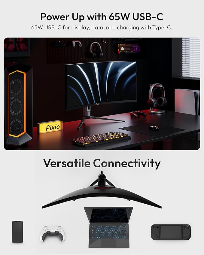 Pixio PXC348C Neo 34 inch 180Hz Refresh Rate UWQHD 1440p Ultrawide Resolution 1000R Curve Fast VA Panel 1ms Response Time USB-C Displayport 65W Charging AMD FreeSync Premium HDR Curved Gaming Monitor