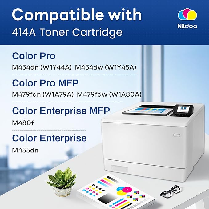 414A Toner Cartridges 4 Pack with Chip Replacement for HP 414A Black Cyan Yellow Magenta Color Enterprise M455dn MFP M480f; Color Pro M454dn M454dw MFP M479fdn M479fdw Printer