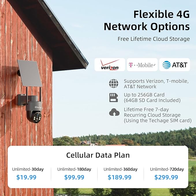 Techage 4G LTE Cellular Solar Security Camera Wireless Outdoor, 2.5K NO WiFi Security Camera with Color Night Vision, 360° PTZ Live View, PIR Motion Detection, 2 Way Talk, 64GB Card Built-in SIM Card