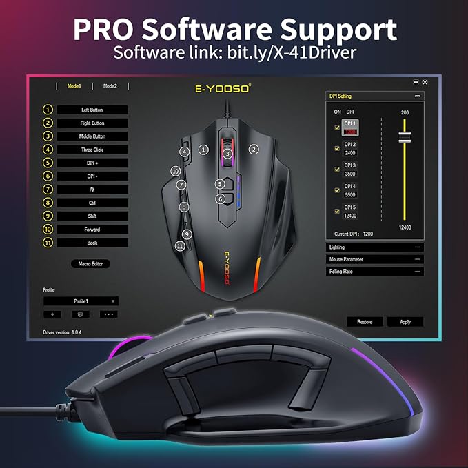 E-YOOSO Wired Large Gaming Mouse, RGB Backlit, 5 Macro Side Buttons, 200-12400 DPI, 11 Programmable Buttons, Rapid Fire Button, Adjustable Weights, Software Supports, Ergonomic for PC/Mac, Black