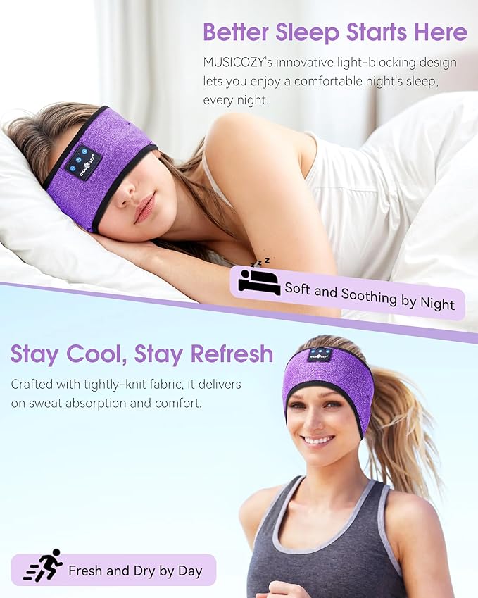 MUSICOZY Sleep Headphones Wireless, Bluetooth Headband Sports Sleeping Headphones Sleep Mask Earbuds Breathable Music Headband with Bluetooth 5.4, Perfect for Workout Running, Grape Purple