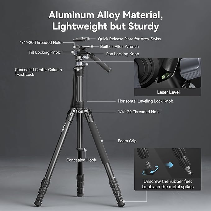 SmallRig CT190 Professional Video Tripod, 72" Camera Tripod with Leveling Base, Monopod Conversion, Video Tripod for Travel, Video and Vlogging, with Carry Bag, Load up to 8.8 lbs/4 kg - 4319