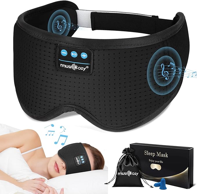 MUSICOZY Sleep Headphones, Bluetooth Sleeping Mask Headband Headphones Eye Mask, Wireless Music Earbuds Earphones with HD Ultra-Thin Stereo Speakers for Side Sleepers Men Women