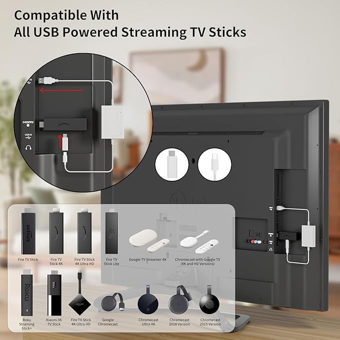 USB Power Cable Compatible with Fire TV Stick 4K Max,Chromecast,Powers Streaming Video Player and Other Micro/USB C TV Sticks(Eliminates Messy Wiring and The Need for AC Adapter) White