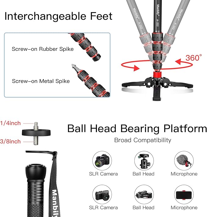 Manbily Extendable Camera Aluminum Monopod with Feet,Portable Travel Monopod with Removable Tripod Stand Base for DSLR Canon Nikon Sony Video Camcorder,5 Sections up to 67-in,Max Load 15.5 Lbs（A-222）