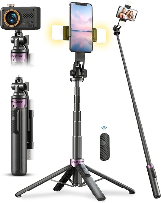 53'' Selfie Stick Tripod with Light, Enhanced 4-Leg Cell Phone Stand Camera Tripod with Rechargeable Wireless Remote & 2 Fill Light, Portable Selfie Stick Travel Essentials for iPhone Android