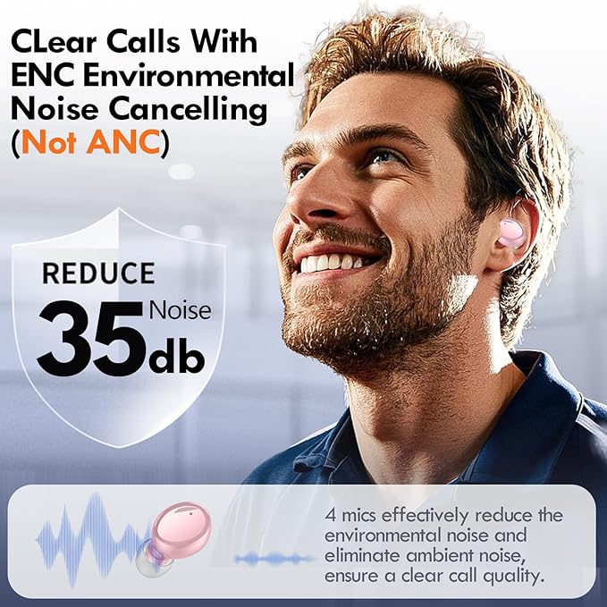 Lanteso True Wireless Bluetooth 5.3 Earbuds, 48H Playtime,Light Weight Headphones in Ear Buds Built in Mic Headset Premium Sound with Deep Bass,Clear Calls Earphones for Sports Workout Pink