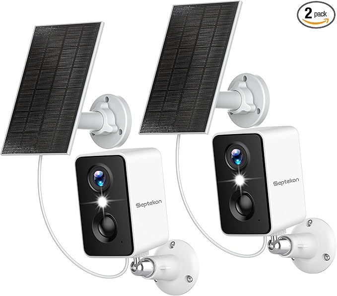 Septekon 2K Security Cameras Wireless Outdoor 2 Pack, Solar Battery Powered Camera with Two Spotlights, PIR Motion Detection Siren, Color Night Vision, 2-Way Audio, IP66 Waterpoof