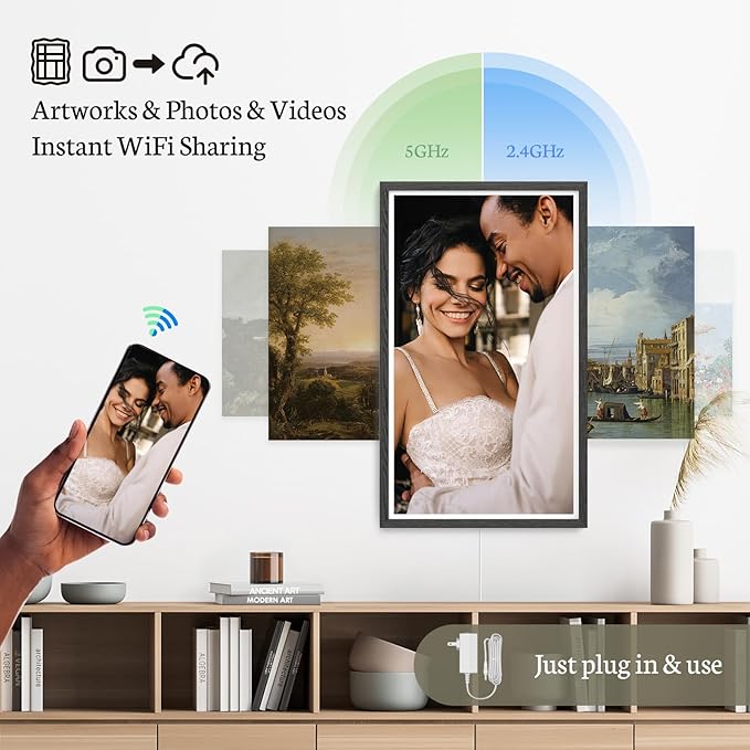 BSIMB 32 Inch Large Digital Picture Frame, Touchscreen 64GB 1920x1080 FHD WiFi Photo Frame Electronic Display Remote Control, Share Pictures/Videos via App/USB/SD Easy Setup Gifts for Mom, Black Wood