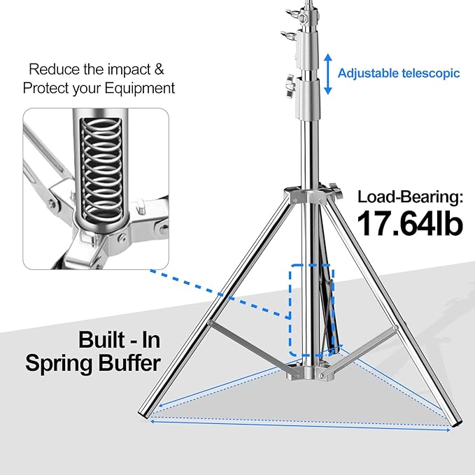 BEIYANG 9.45Ft Stainless Steel Photography Light Stand, Heavy Duty Tripod with with 1/4" to 3/8" Screw Adapter for Strobe Lights, LED Video Lights, Ring Lights, Monolights, Softboxes