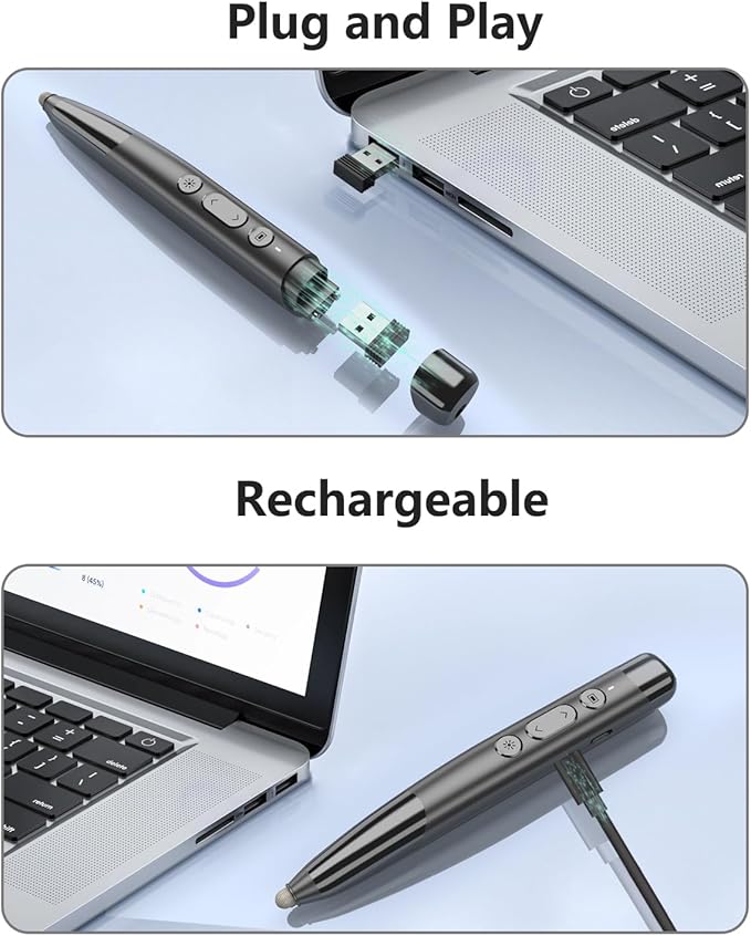 Clicker for PowerPoint Presentations, Wireless Presenter Remote with Stylus Pen & Telescopic Pointer | Hyperlink, Volume Control | Rechargeable USB for PC, Mac