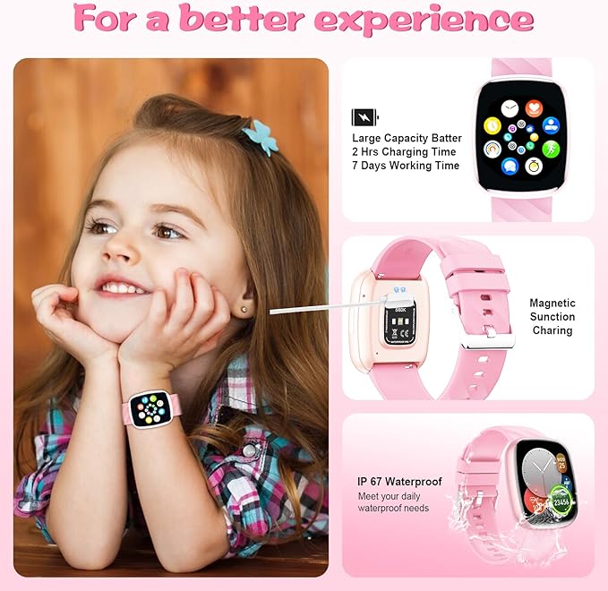 Smart Watch for Kids Fitness Activity Tracker for Boys Girls, Waterproof, Puzzle Games, Alarm Music, Sport Mode, Heart Rate, Sleep, Pedometer, Children Smartwatch Birthday Gift for Teens, Pink