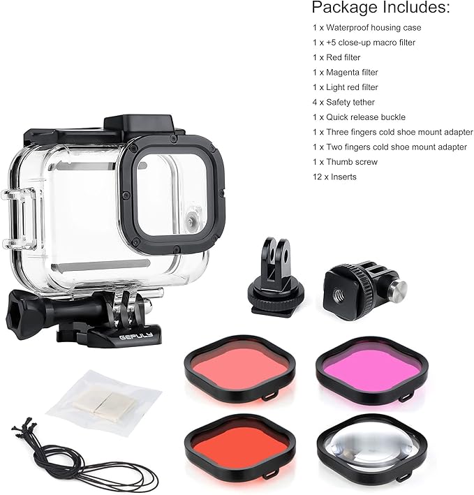 Waterproof Case for GoPro Hero 8 Black with 4-Pack Dive Filter, 60M Underwater Diving Housing Case with Red, Light Red, Magenta, Close-up Filters for GoPro Hero 8 Black Camera