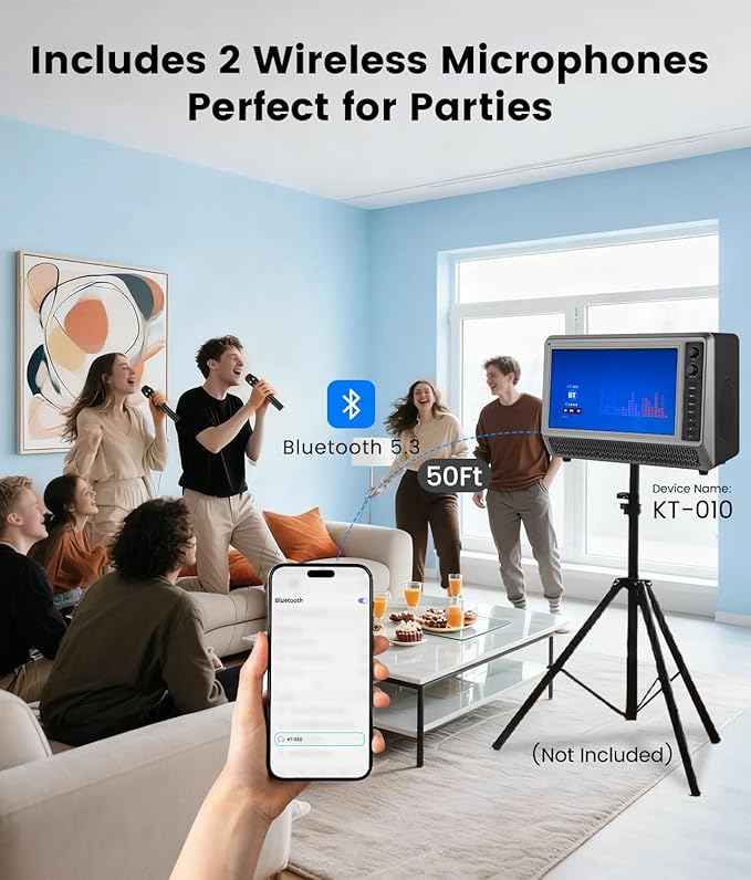 Feihe 15.6 inch Small Smart TV with Speaker System, Loud Portable Bluetooth Speaker Design Retro Android TV,Karaoke Wireless Microphones, Support HDMI/AUX/USB for Home Party Camping