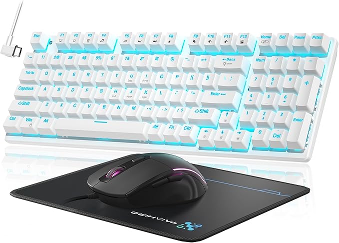 Mechanical Gaming Keyboard and Mouse, 98 Keys LED Backlit Keyboard with Floating Keycap, Ergonomic RGB Gaming Mouse with Mouse Pad Combo, Full Anti-Ghost Wired Keyboard for PC Laptop Gamer, White