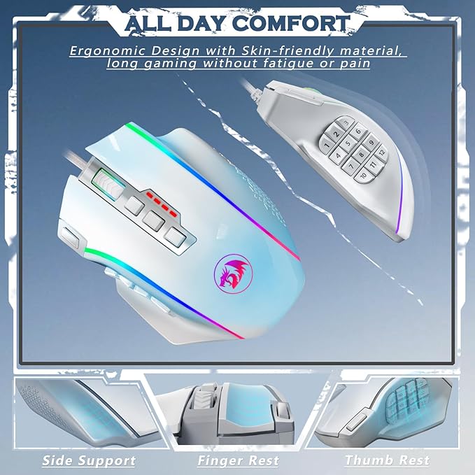 Redragon Gaming Mouse, MMO Gaming Mouse UP 12400 DPI, 19 Macro Programmable Buttons, RGB Mouse with 12 Side Buttons, 8 * 2.4g Weight Tuning for PC Laptop MOBA FPS, White