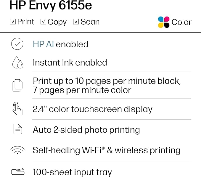 HP Envy 6155e Wireless All-in-One Color Inkjet Printer, Portobello, Print, scan, copy, Duplex printing Best-for-home, 3 month Instant Ink trial included, AI-enabled (714L5A)