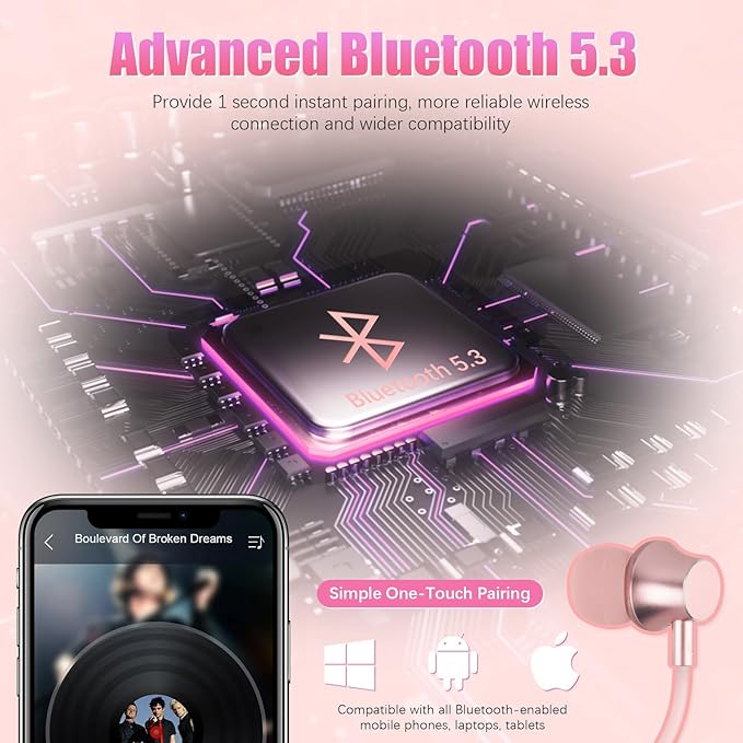Neckband Bluetooth Headphones, 200H Extra Long Playtime Wireless Stereo Neckband Earbuds with Microphone, Waterproof Balanced Armature Drivers in Ear Headset for Sports/Workout (Pink-Purple)