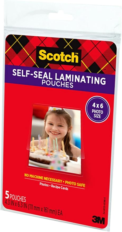 Scotch Self-Sealing Laminating Pouches, 4 x 6 Inches, 3-Pack of 5 Pouches – No Machine Needed, Clear, Photo Safe