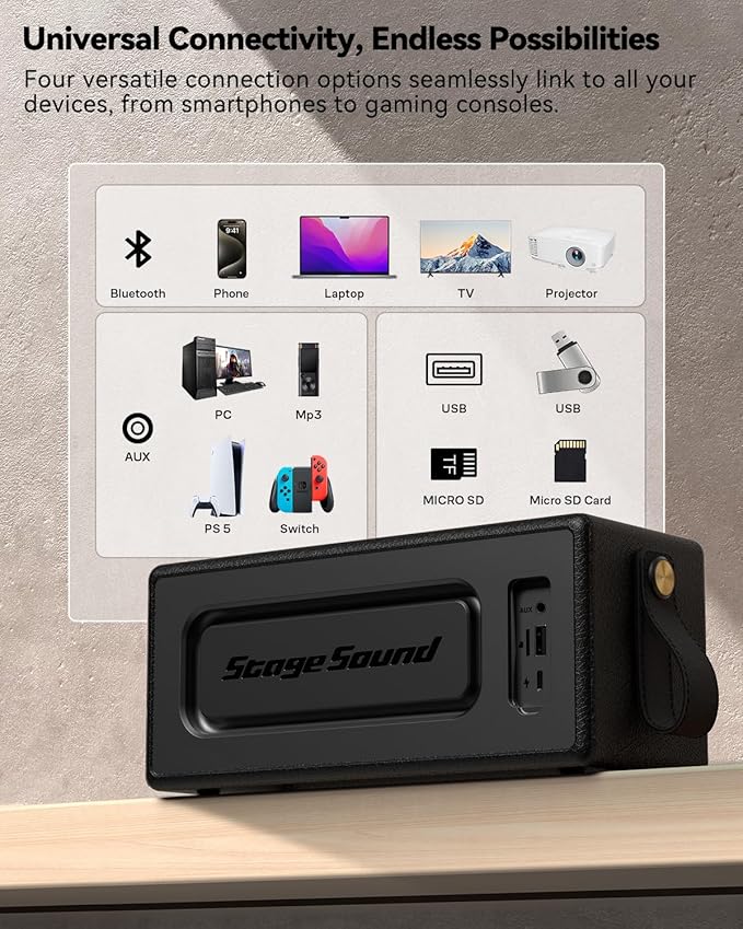 Bluetooth Speaker, 80W Peak Retro Speakers Bluetooth Wireless, Portable Loud Speaker with Deep Bass, IP67 Waterproof, LED Lights, TWS Pairing, 8-12H Playtime, TF/AUX/USB Input for Party, Home, Outdoor