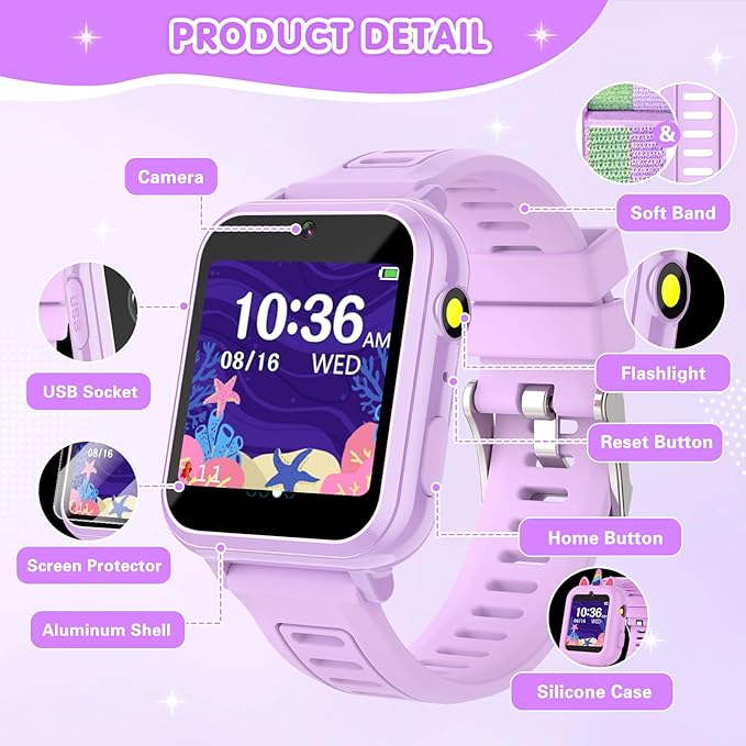 Smart Watch for Kids with 39 Games Touchscreen Camera Video, Music Player, Pedometer, Calculator, Calendar, Stopwatch, Flashlight, Alarm Clock 12/24 hr, Birthday Gifts Toys for Girls Ages 3-12