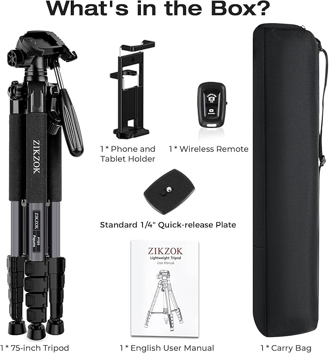 75" Camera Tripod, Heavy Duty Aluminum Camera Stand for ipad Phone, Travel Tripod with Remote/Carry Bag/Phone Tablet Holder, Compatible with DSLR, Spotting Scopes, Max Load 15 Lb(Grey)