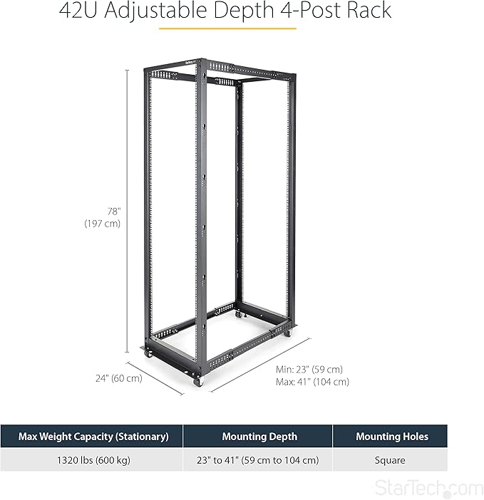 StarTech.com 4-Post 42U Mobile Open Frame Server Rack, 19in Network Rack with Wheels, Rolling Rack for Computer/AV/Data/IT Equipment - Casters, Leveling Feet or Floor Mounting (4POSTRACK42)