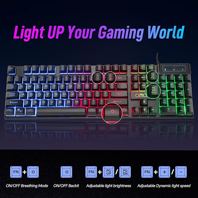 CHONCHOW Wired Gaming Keyboard, 104 Keys Full Size, with Anti-Ghosting and Multimedia Keys, LED Backlit Light Up Keyboard for PC Mac Laptop Desktop, Gaming or Office