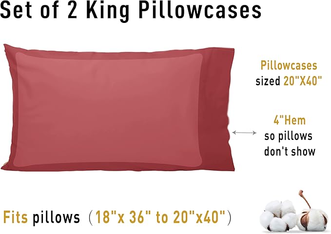 Sunflower King Pillowcases Set of 2, 100% Cotton King Size Pillow Cases 2, 20×40 inches Jester Red, Soft and Breathable