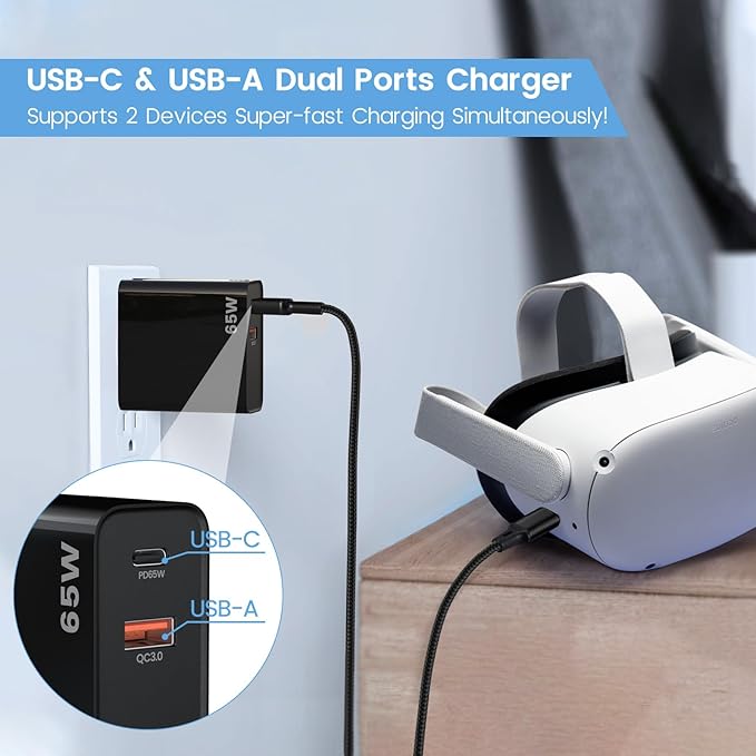 PD 65W USB C Super Fast VR Charger Compatible with Meta Oculus Quest 3s, Quest 3 2 - Dual Port USB + Type C Adapter with 6.6ft C to C Charging Cable for Pico 4 Ultra VR Headsets, Black