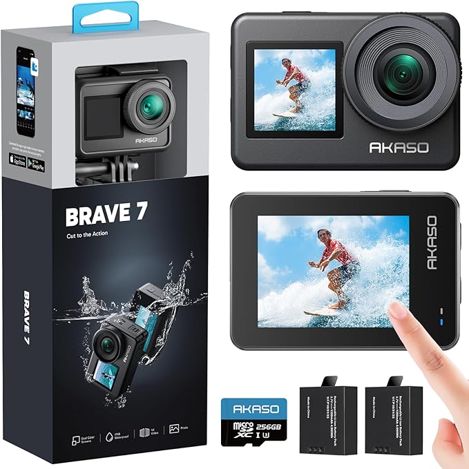 AKASO Brave 7 Action Camera 4K30FPS 20MP with 256GB U3 MicroSDXC Memory Card, Waterproof Camera with Touch Screen IPX8 33FT EIS 2.0 Zoom Support External Mic Voice Control with 2X 1350mAh Batteries