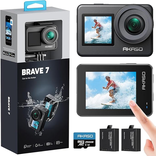 AKASO Brave 7 Action Camera 4K30FPS 20MP with 256GB U3 MicroSDXC Memory Card, Waterproof Camera with Touch Screen IPX8 33FT EIS 2.0 Zoom Support External Mic Voice Control with 2X 1350mAh Batteries
