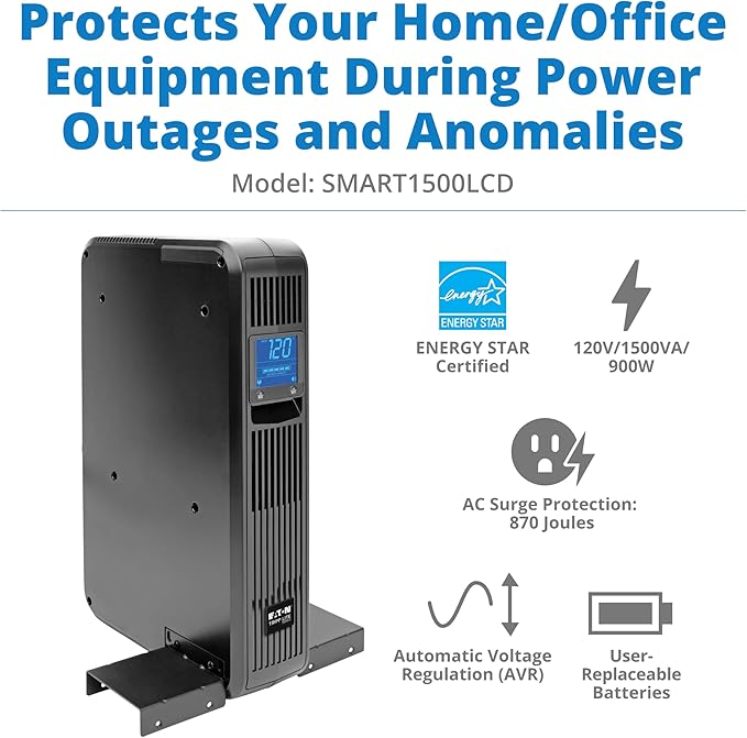 Tripp Lite SMART1500LCD 1500VA Rack Mount UPS Battery Backup, 900W, 8 Outlets, PWM Sine Wave, Short Depth 2U Rackmount UPS, AVR, LCD Screen