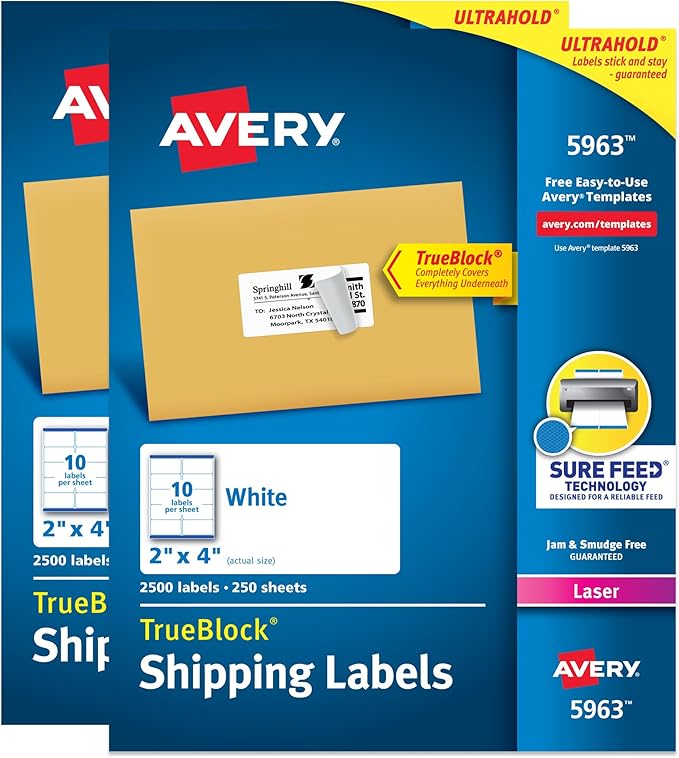 Avery Printable Shipping Labels with Sure Feed, 2" x 4" Customizable Stickers, White, 5,000 Blank Mailing Labels, Great for Mailing, Shipping, and More (2-Pack of 5963)