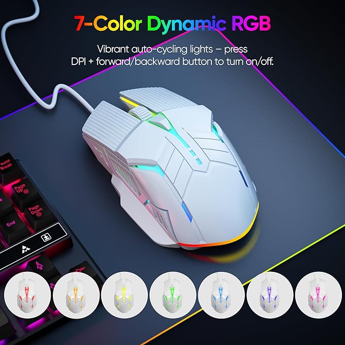 Wired Gaming Mouse - Lightweight USB Optical Computer Mice with 7-Color RGB LED Lights, 4 Adjustable DPI (1200-3200), 6 Buttons, Ergonomic Design for Windows 7/8/10/XP/Vista & Linux (White)