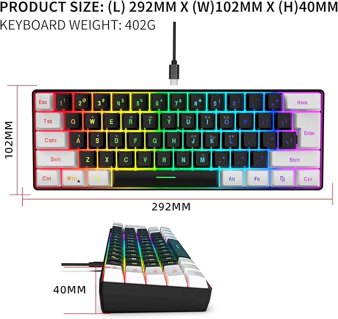 Snpurdiri 60% Wired Gaming Keyboard, Small RGB Backlit Membrane Gaming Keyboard, Ultra-Compact Mini Waterproof Keyboard for PC Computer Gamer White and Black