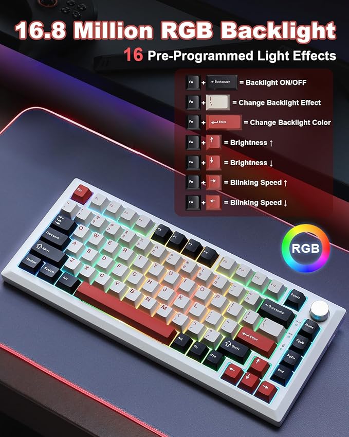 Y75 Wireless Mechanical Keyboard,75% Hot Swappable Custom Keyboard with Knob,RGB Backlit, PBT Keycaps,2.4GHz/USB-C/BT5.0 Mechanical Gaming Keyboards(White&Red,Milk Switch)