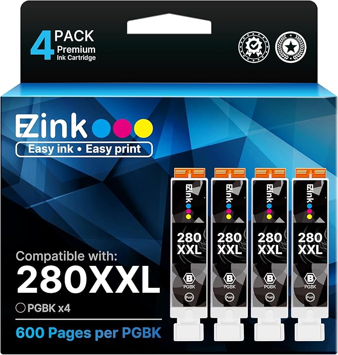 4 Pack PGI-280XXL PGBK Ink Replacement for Canon 280 PGBK PGI-280XXL PGI 280 XXL Compatible with PIXMA TR8620a TR8622a TR8600 TR8520 TS9521c TR7520 TS9120 TR8622 TS9520 TS6220 TS6320 TS702a Printers