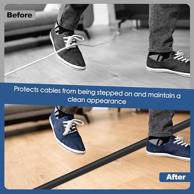 Floor Cord Cover for Wires on Floor Self Adhesive Cord Hider Floor Cable Management Wire Covers for Cords Protector Prevent Cable Trips Cord Cavity W 0.59" x H 0.31", Black, 10Ft