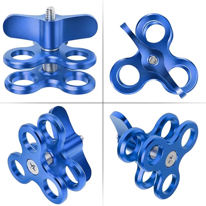 3-Hole 1" Aluminum Underwater Camera Clamp Ball Mount (2-Pack) - Underwater Bracket for Diving Light Arms & Camera Trays, Saltwater-Resistant Adapter for Scuba Photography/Videography Gear