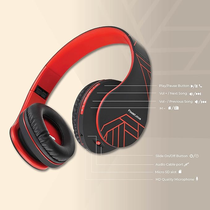 PowerLocus Bluetooth Over-Ear Headphones, Wireless Stereo Foldable Headphones Wireless and Wired Headsets with Built-in Mic, Micro SD/TF, FM for iPhone/Samsung/iPad/PC (Black/Red)