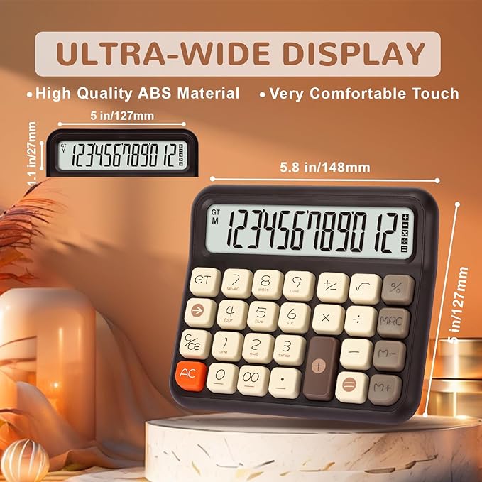 Pendancy Desk Calculator 12 Digit, Retro Cute Basic Calculator with Extra Large LCD Display and Buttons, for Office, School, Home Use