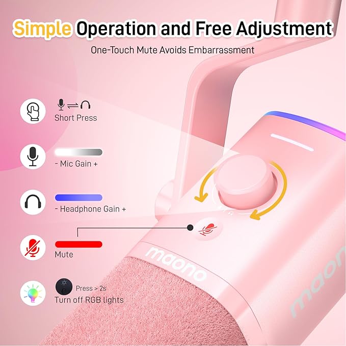 MAONO XLR/USB Gaming Microphone Kit: Dynamic PC Mic for Streaming Podcasting, Software Support, Mute Button, Gain Control, RGB Computer Mic with Boom Arm Stand, for Recording, PS4/PS5, PD100XS Pink