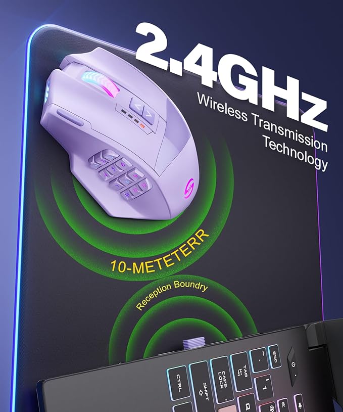 UtechSmart Venus Pro Wireless MMO Gaming Mouse, 16,000 DPI Optical Sensor, Wired/Wireless Dual Modes, 16M Chroma RGB Lighting, 16 Programmable Buttons, Ergonomic Design, Up to 70H, Purple