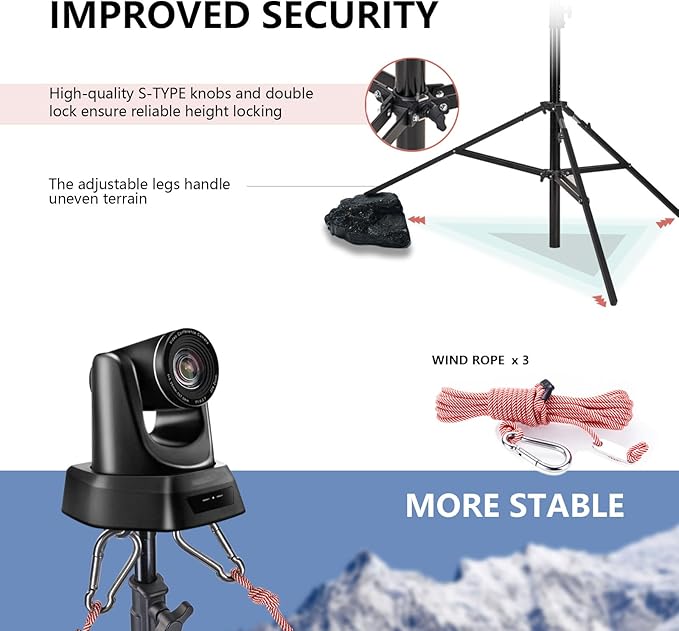 RAUBAY 24' Tall Tripod Stand, Extreme Tall Heavy Duty Sports Camera Video Tripod, Spring Telescoping Aluminium Alloy Large Light Stand with 1/4"& 3/8" Screw, Professional Sky High Tripod for Outside…