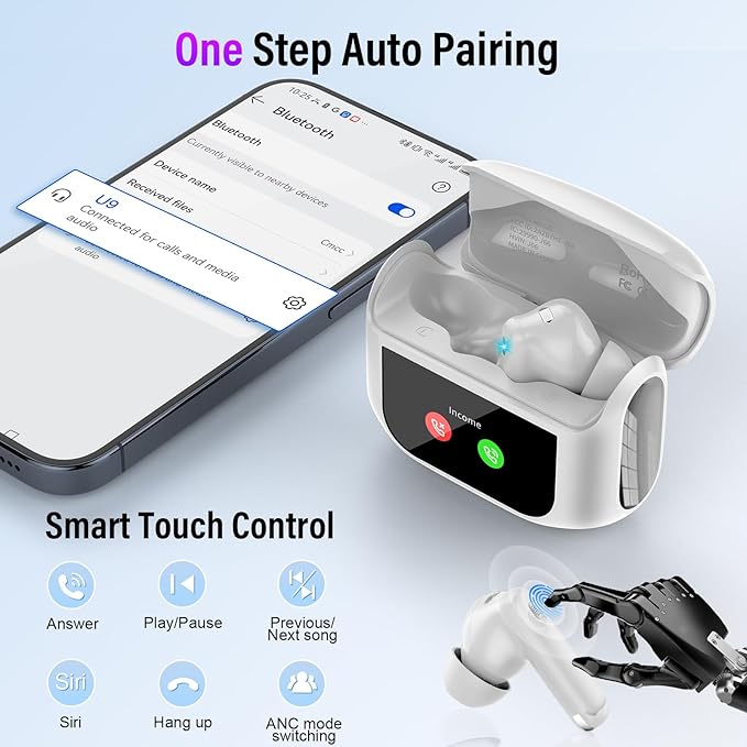 Wireless Earbuds, Bluetooth 5.4 Ear Buds with Multifunctional Touch Screen, 48H Bass Stereo Headphones with ANC/ENC Noise Cancelling/Transparency Mode, IPX7 Earphones with 5 EQ Modes, White