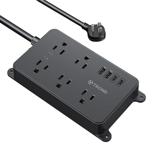 TROND Power Strip Surge Protector, 5 Widely-Spaced Outlets with 2 USB A and 2 USB C, ETL Listed, Wall Mountable, Flat Plug 5ft Extension Cord, 1300J, 14AWG Heavy Duty, for Office Kitchen, Black
