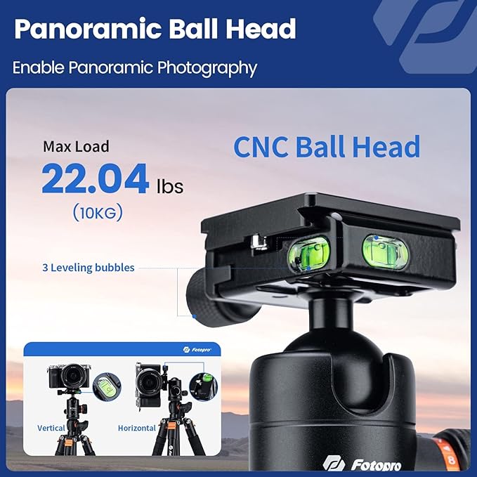 Fotopro 75 Inch Horizontal Camera Tripod Aluminum 360 Degree Ball Head Quick Release Plate DSLR Tripod for Travel Camera Video Camcorder