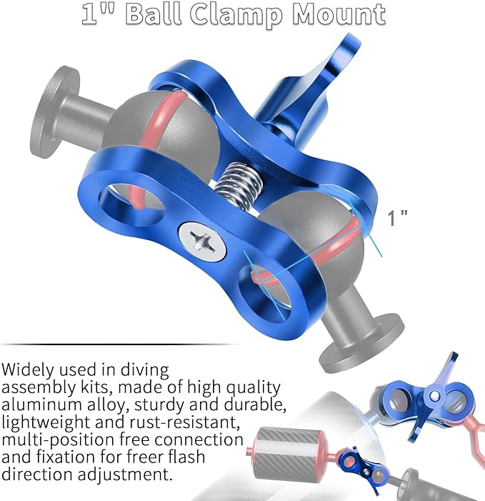2-Hole 1" Aluminum Underwater Camera Clamp Ball Mount (2-Pack) - Underwater Bracket for Diving Light Arms & Camera Trays, Saltwater-Resistant Adapter for Scuba Photography/Videography Gear