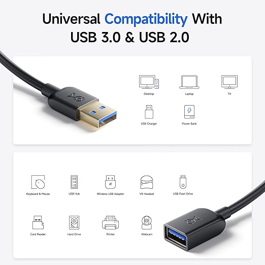 Cable Matters 2-Pack 5Gbps USB Extension Cable - 6ft, USB 3.0 Extension Cable, Male to Female USB3.0 Extender, Compatible with Webcam, VR Headset, Printer, Hard Drive, Black